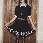 Gothic Witch Craft Pleated Skirt with Pentagram and Moon Design - Cosparty