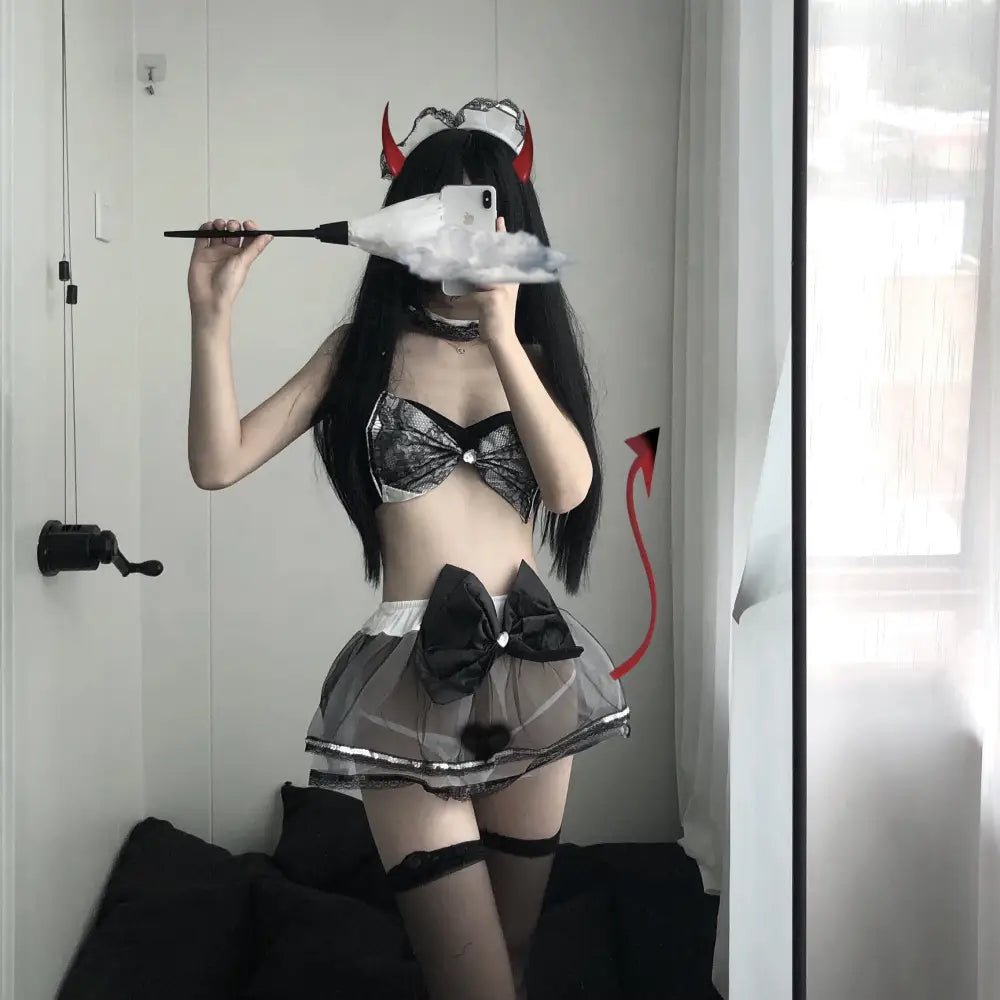 Grey and White Bowknot Lingerie Set for Comfortable Fit - Cosparty