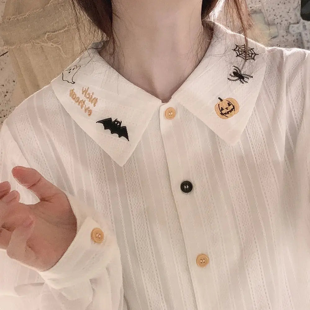 Halloween Inspired Collared Blouse Length 59cm for Year-Round Wear - Shirts & Tops