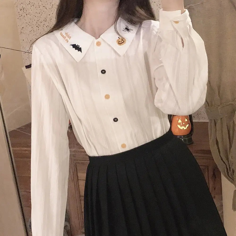 Halloween Inspired Collared Blouse Length 59cm for Year-Round Wear - Shirts & Tops