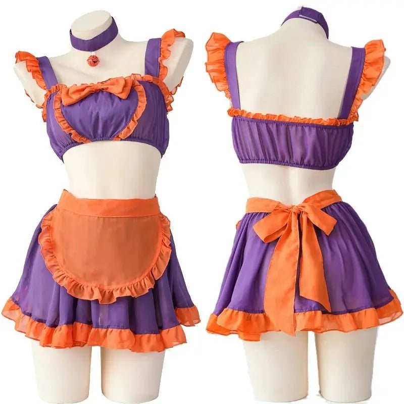 Halloween Inspired Ruffled Maid Lingerie Set in Orange and Purple - Cosparty