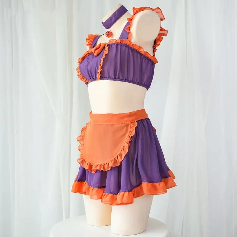 Halloween Inspired Ruffled Maid Lingerie Set in Orange and Purple - Costumes