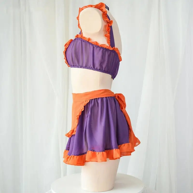 Halloween Inspired Ruffled Maid Lingerie Set in Orange and Purple - Costumes