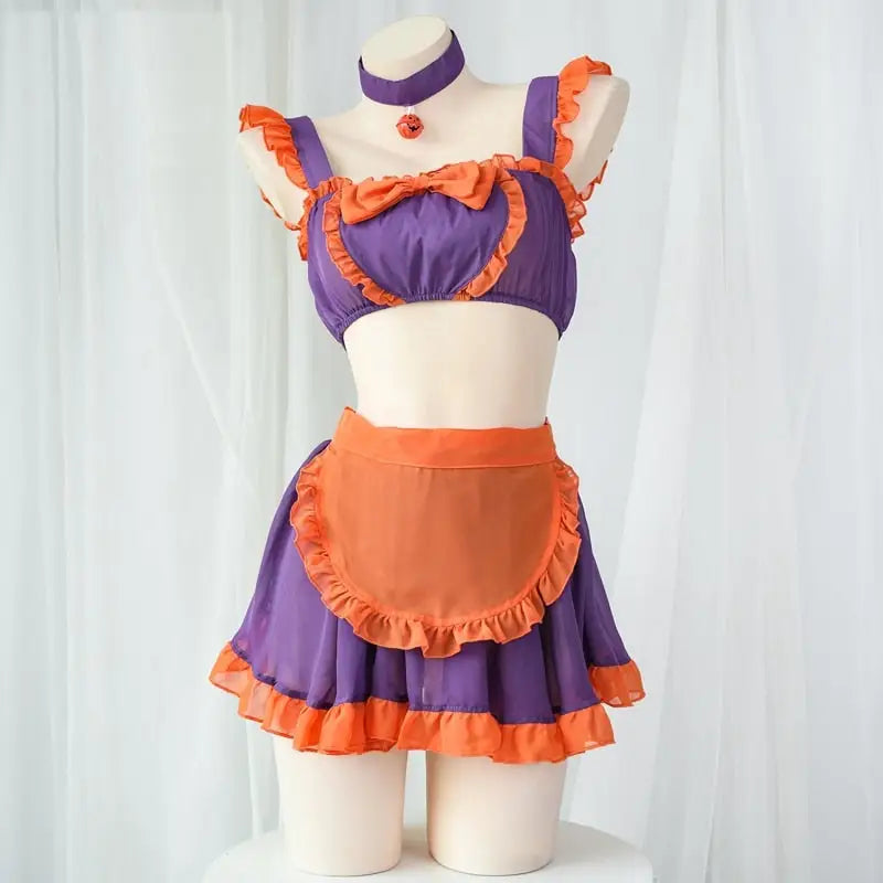 Halloween Inspired Ruffled Maid Lingerie Set in Orange and Purple - Costumes