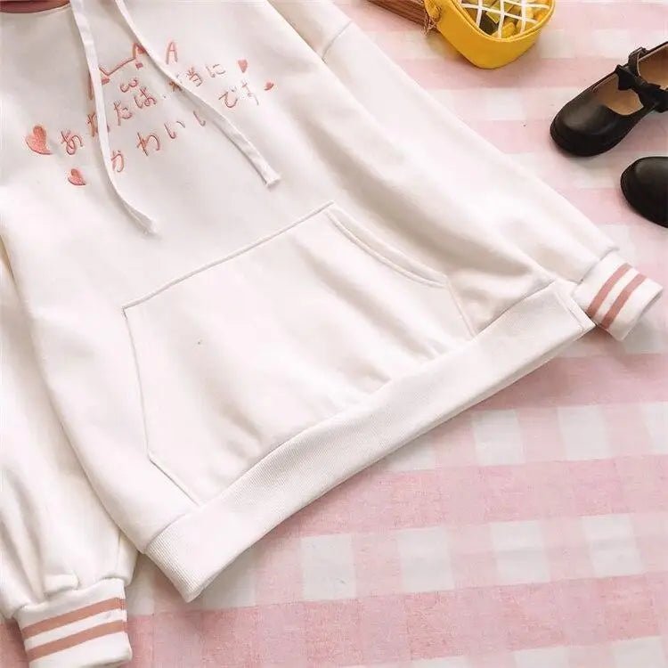 Hand Embroidered Japanese Kitten Hoodie for Kawaii Fashion Lovers - Cosparty
