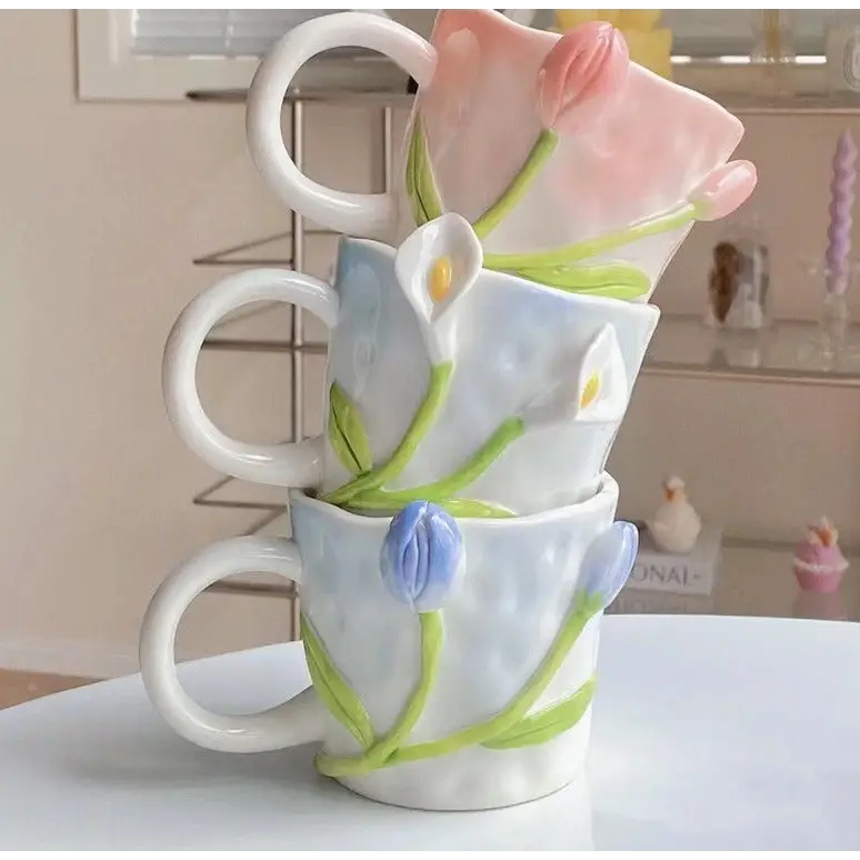 Hand Painted 3D Ceramic Floral Mug for an Elegant Morning Routine - cup