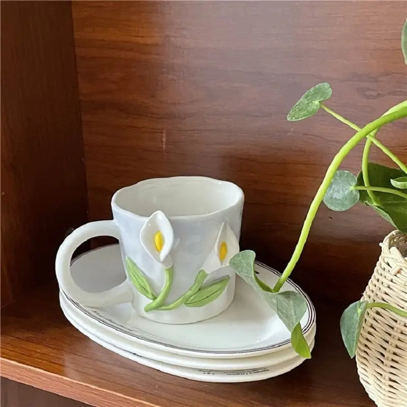 Hand Painted 3D Ceramic Floral Mug for an Elegant Morning Routine - cup