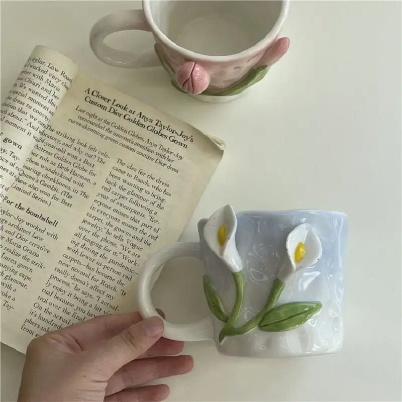 Hand Painted 3D Ceramic Floral Mug for an Elegant Morning Routine - Cosparty