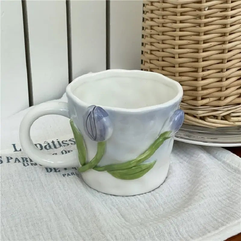 Hand Painted 3D Ceramic Floral Mug for an Elegant Morning Routine - cup