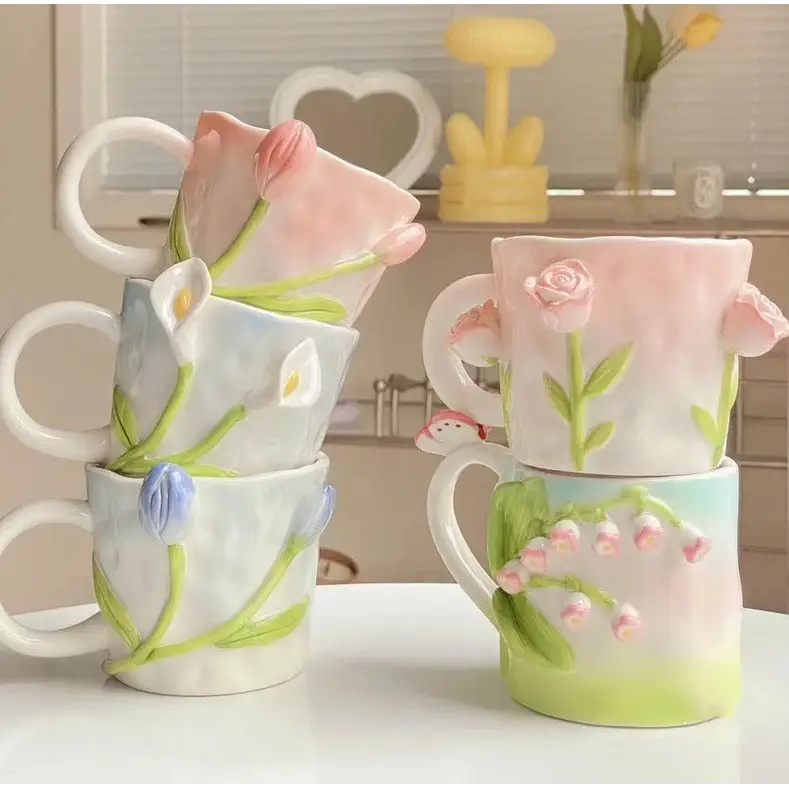 Hand Painted 3D Ceramic Floral Mug for an Elegant Morning Routine - cup