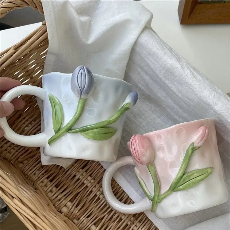 Hand Painted 3D Ceramic Floral Mug for an Elegant Morning Routine - cup