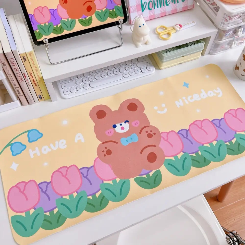 Happy Bear Gaming Mousepads for Adorable Kawaii Gameplay - Tulip Bear - mouse pad