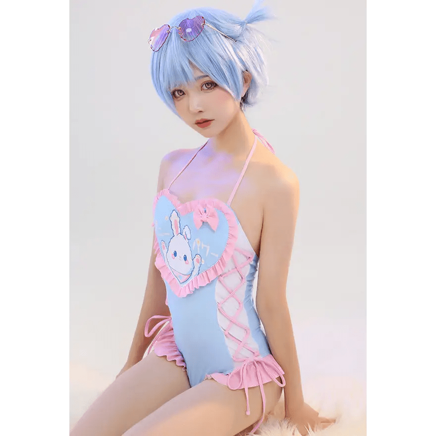 Happy Bunny High Quality Ruffled Adult Onesie Romper and Swimsuit - Cosparty