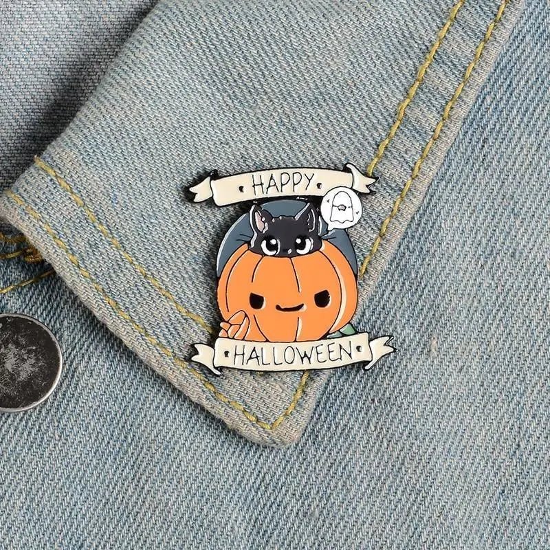 Happy Halloween Enamel Pin with Cute Black Cat and Jack - o - Lantern - Cosparty