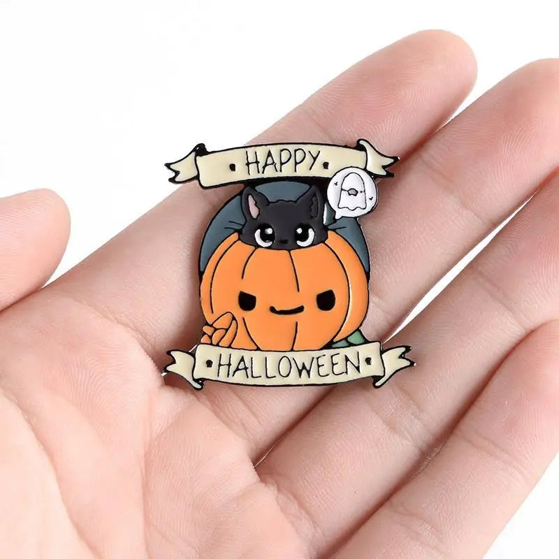 Happy Halloween Enamel Pin with Cute Black Cat and Jack-o-Lantern - pin