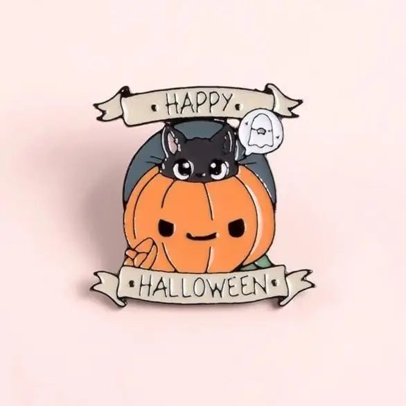 Happy Halloween Enamel Pin with Cute Black Cat and Jack - o - Lantern - Cosparty