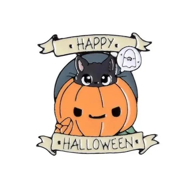 Happy Halloween Enamel Pin with Cute Black Cat and Jack-o-Lantern - pin