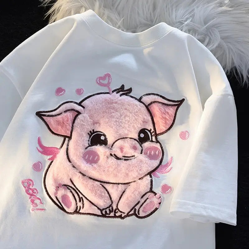 Happy pig fluffy tee - flocked - fuzzy shirt - pig - piggy - piglet