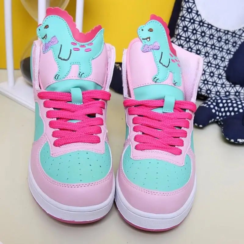 Harajuku High Top Sneakers with Pastel Dinosaur Design - Cosparty