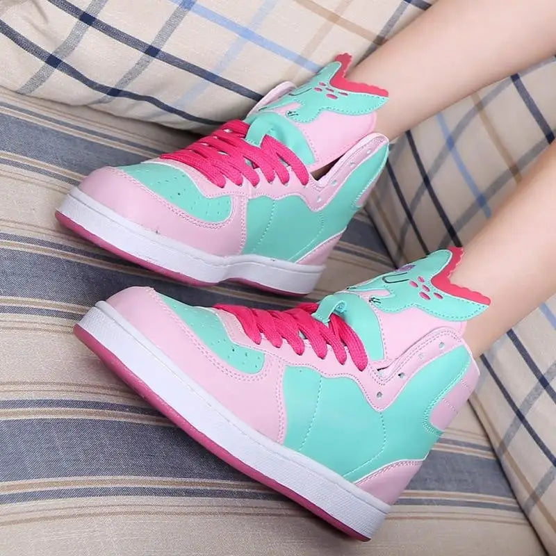 Harajuku High Top Sneakers with Pastel Dinosaur Design - Shoes