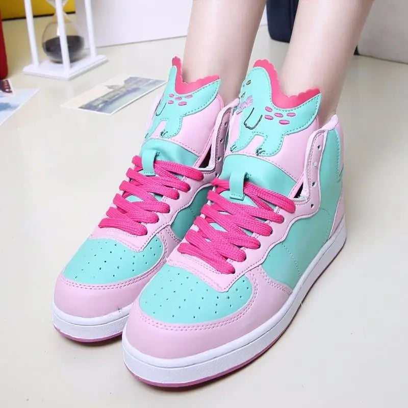 Harajuku High Top Sneakers with Pastel Dinosaur Design - Shoes