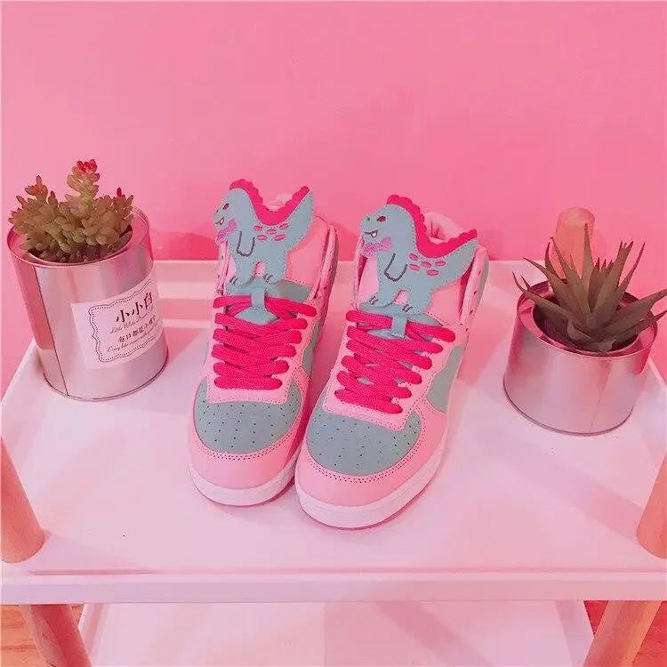 Harajuku High Top Sneakers with Pastel Dinosaur Design - Cosparty