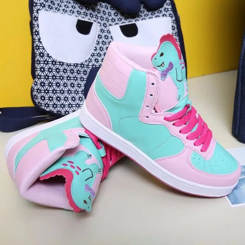 Harajuku High Top Sneakers with Pastel Dinosaur Design - Cosparty