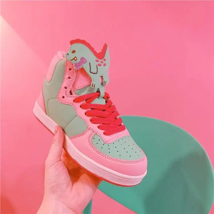 Harajuku High Top Sneakers with Pastel Dinosaur Design - Shoes