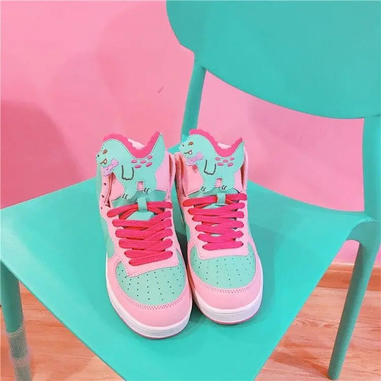 Harajuku High Top Sneakers with Pastel Dinosaur Design - Shoes