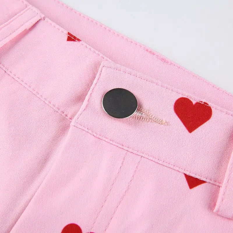 Heart Valentine Bell-Bottom Jeans with Vintage Pastel Vibes - bottoms