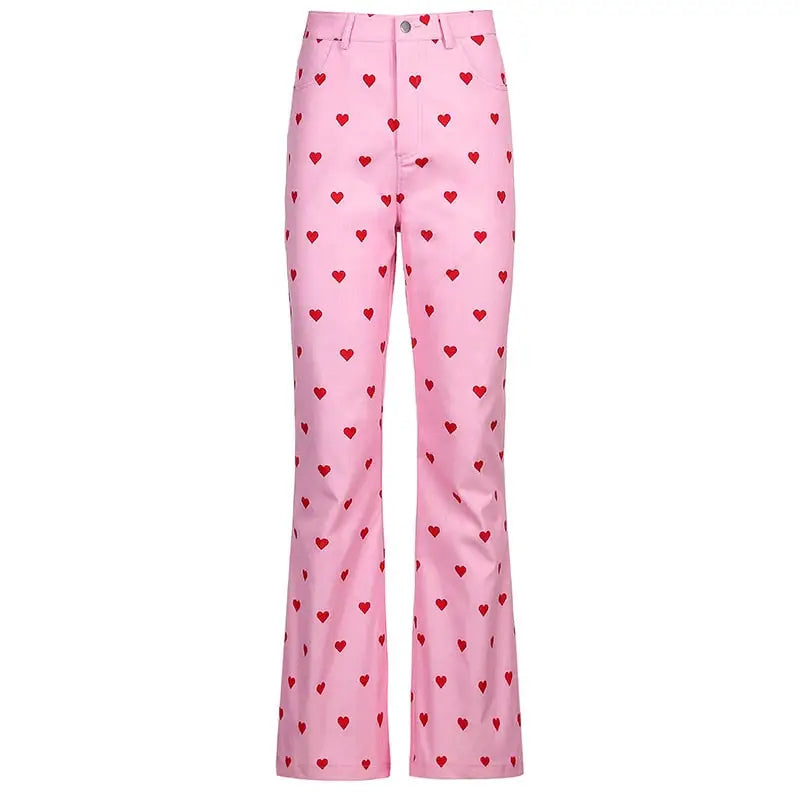 Heart Valentine Bell-Bottom Jeans with Vintage Pastel Vibes - bottoms