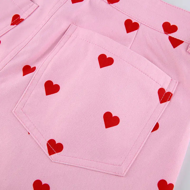 Heart Valentine Bell-Bottom Jeans with Vintage Pastel Vibes - bottoms