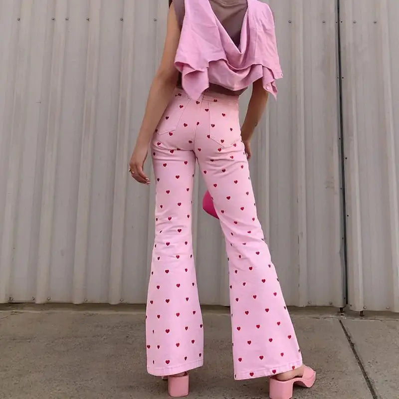 Heart Valentine Bell-Bottom Jeans with Vintage Pastel Vibes - bottoms