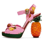 pink pineapple tropical paradise 3d high heel sandals ankle straps vogue high fashion dolce & gabbana harajuku japan street fashion by Cosparty