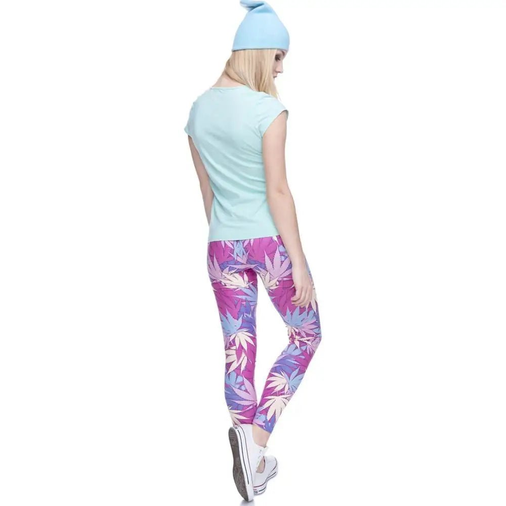 High Life Leggings with Colorful Pink, Purple, and Blue Marijuana Leaves - Cosparty