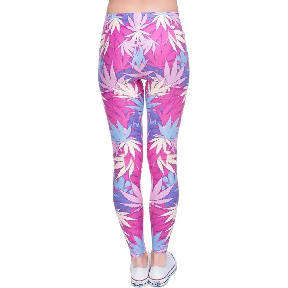 High Life Leggings with Colorful Pink Purple and Blue Marijuana Leaves - pants