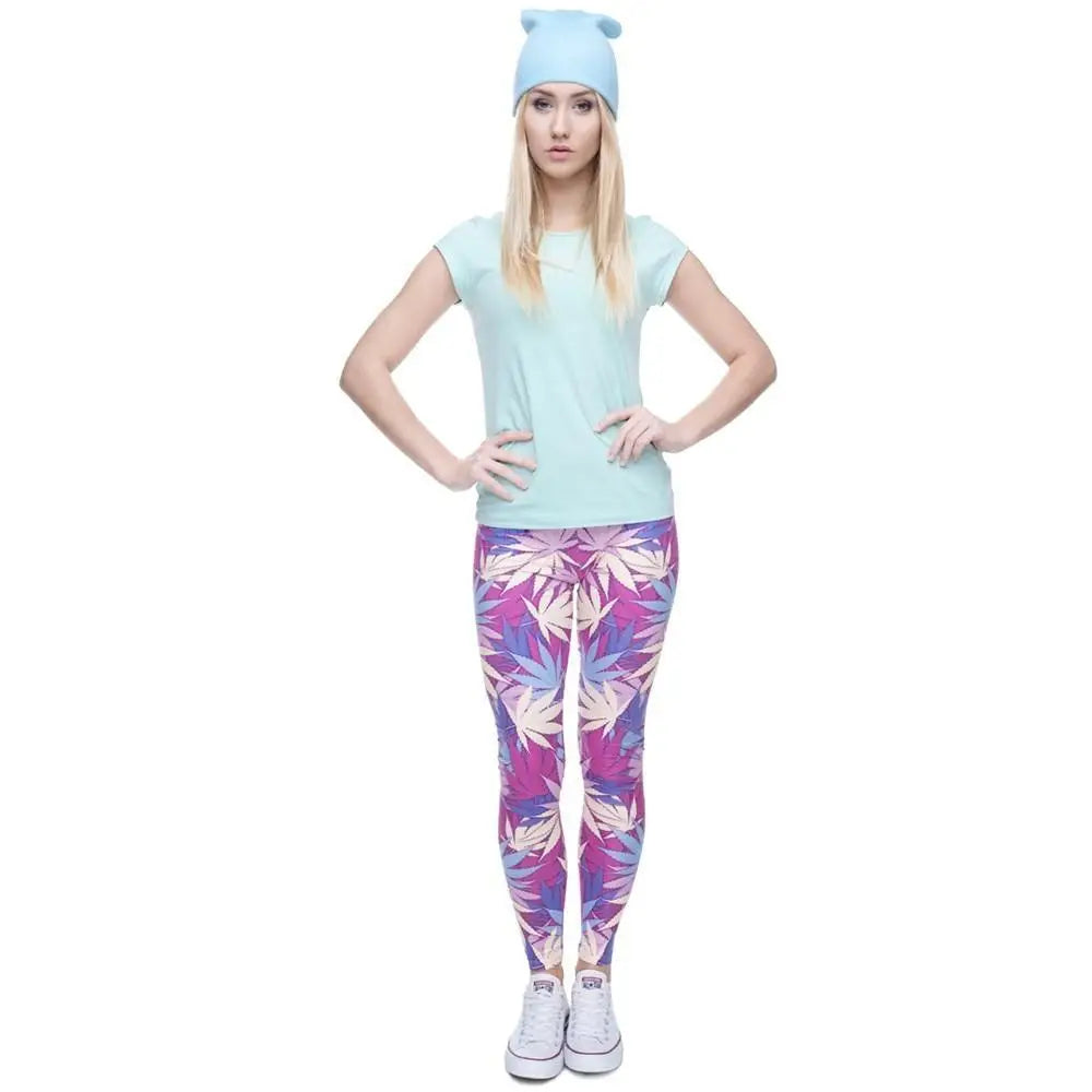 High Life Leggings with Colorful Pink Purple and Blue Marijuana Leaves - pants