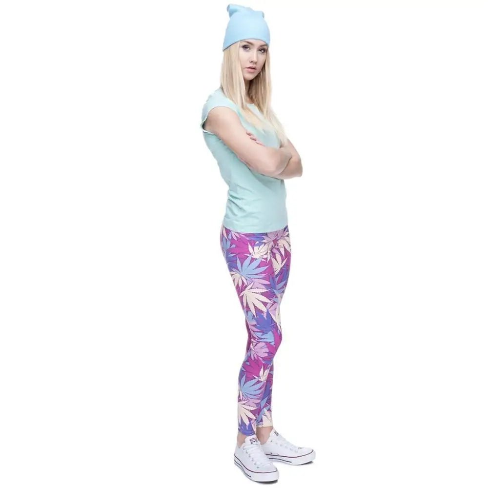 High Life Leggings with Colorful Pink, Purple, and Blue Marijuana Leaves - Cosparty