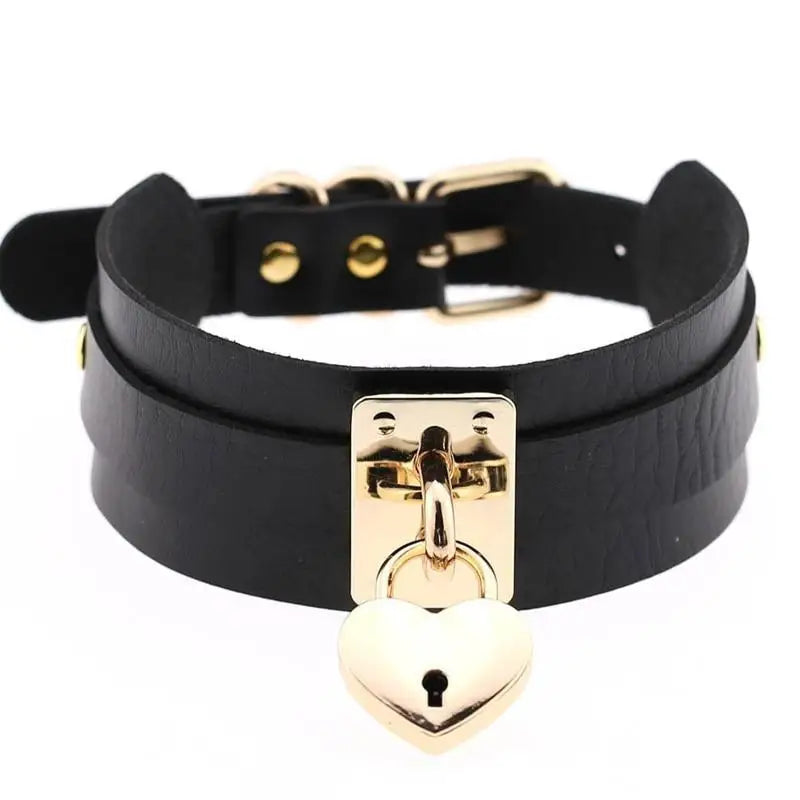 High Quality Vegan Leather Heart Locket Choker in Gold - collar