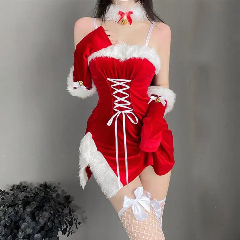 High Slit Santa Claus Inspired Dress with Antler Headband - dress