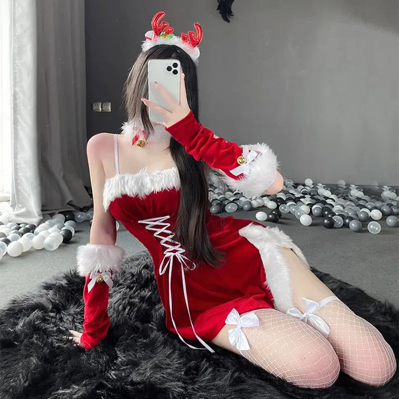 High Slit Santa Claus Inspired Dress with Antler Headband - dress