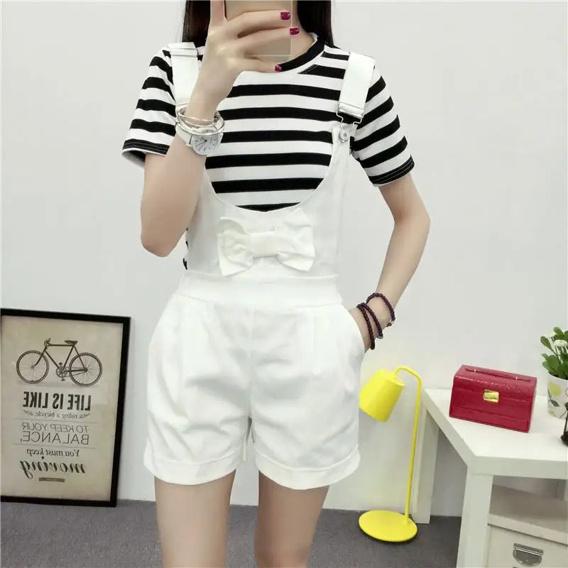 High Waisted Ribbon Jumper with Shoulder Strap and Bow Detail - Shorts