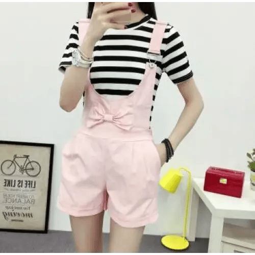 High Waisted Ribbon Jumper with Shoulder Strap and Bow Detail - Cosparty