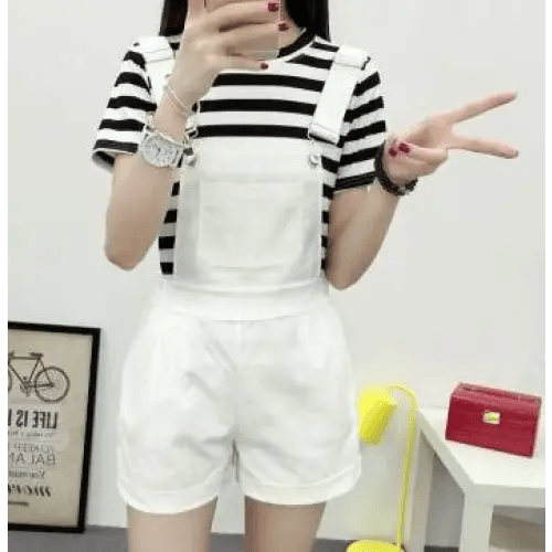 High Waisted Ribbon Jumper with Shoulder Strap and Bow Detail - Cosparty