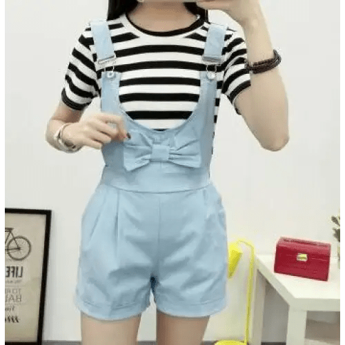 High Waisted Ribbon Jumper with Shoulder Strap and Bow Detail - Cosparty