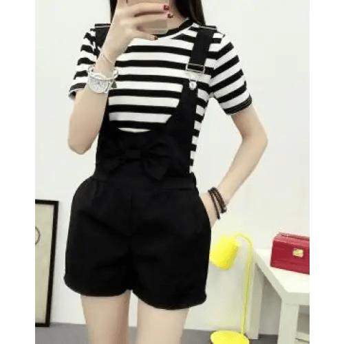 High Waisted Ribbon Jumper with Shoulder Strap and Bow Detail - Cosparty