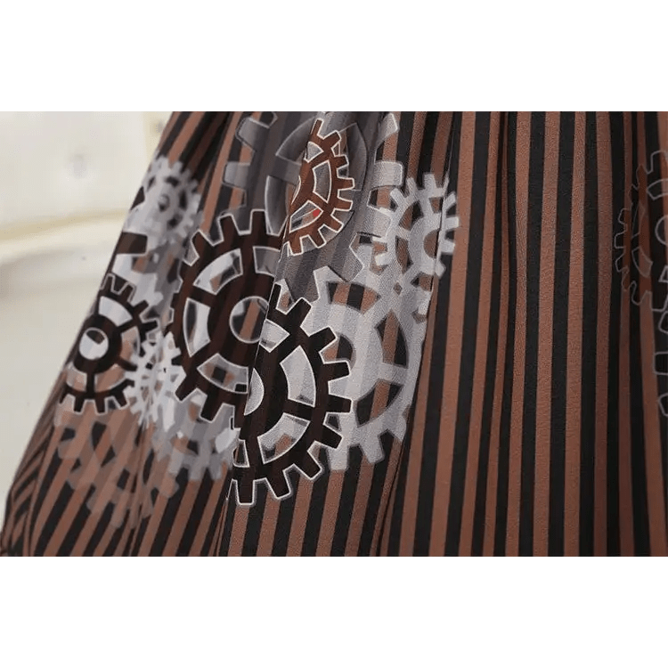 High - Waisted Steampunk Renaissance Skirt with Gear Print and Stripes - Cosparty