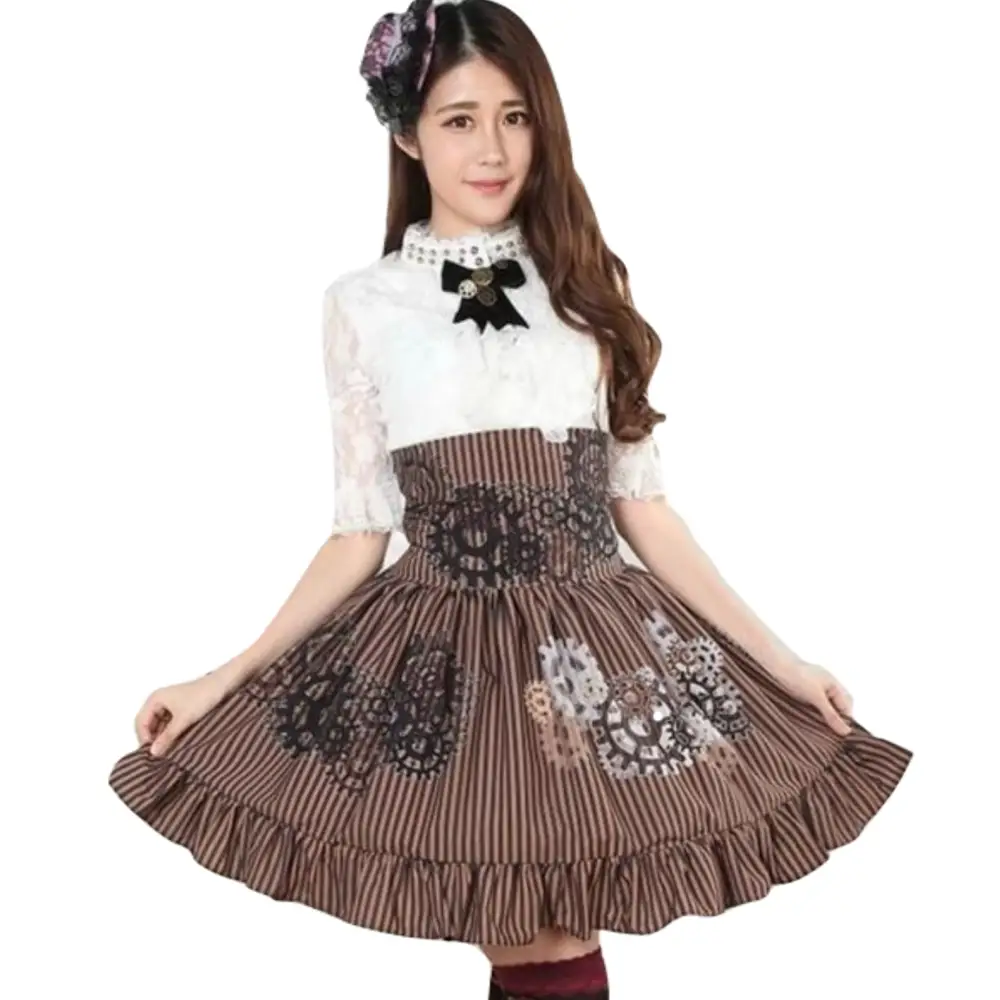 High-Waisted Steampunk Renaissance Skirt with Gear Print and Stripes - Skirts