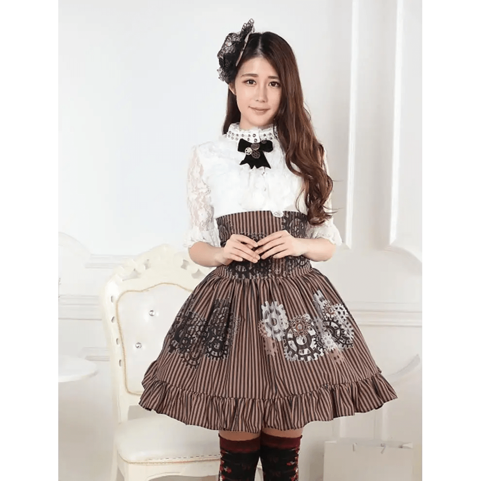 High - Waisted Steampunk Renaissance Skirt with Gear Print and Stripes - Cosparty