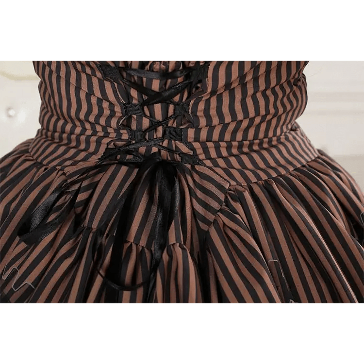 High - Waisted Steampunk Renaissance Skirt with Gear Print and Stripes - Cosparty